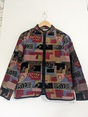 Vintage Traditions Petite M-L Jacquard Tapestry Jacket Multicolor Geometric